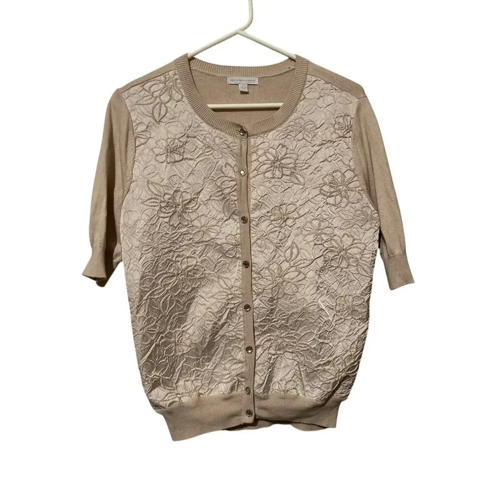 New York Company Sweater Womens Medium Cardigan Tan w/ Rhinestone Buttons